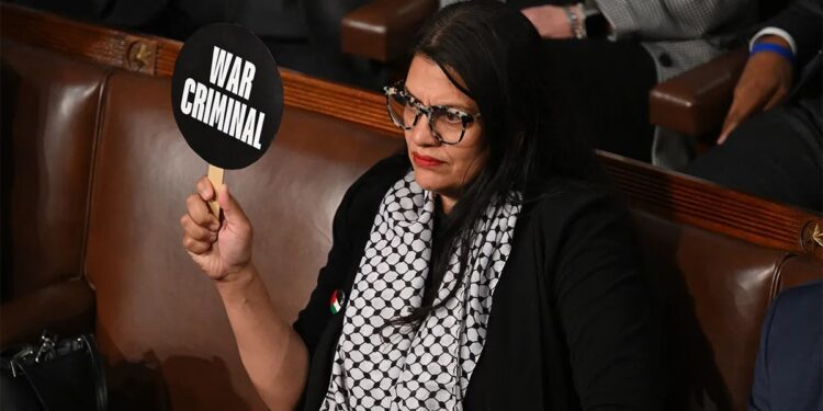 Rashida Tlaib Holds 'War Criminal' Sign at Netanyahu Address